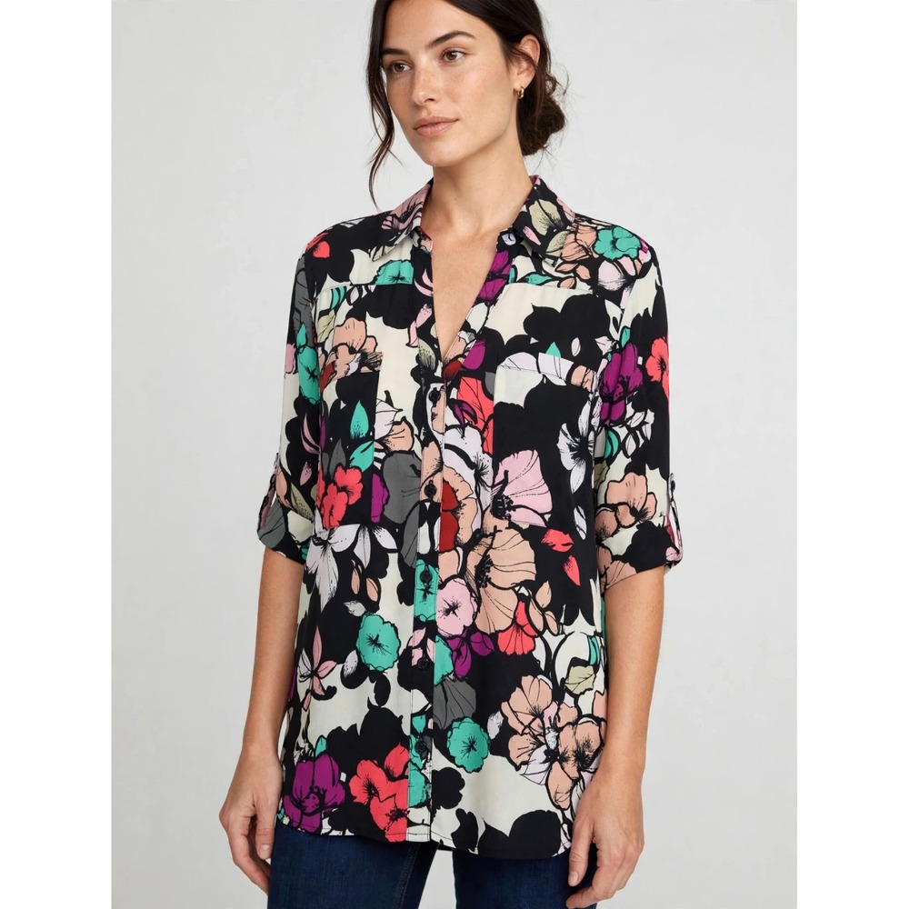 Express Portofino Shirt L Floral Blouse Roll Tab Sleeve Colorful Office Top